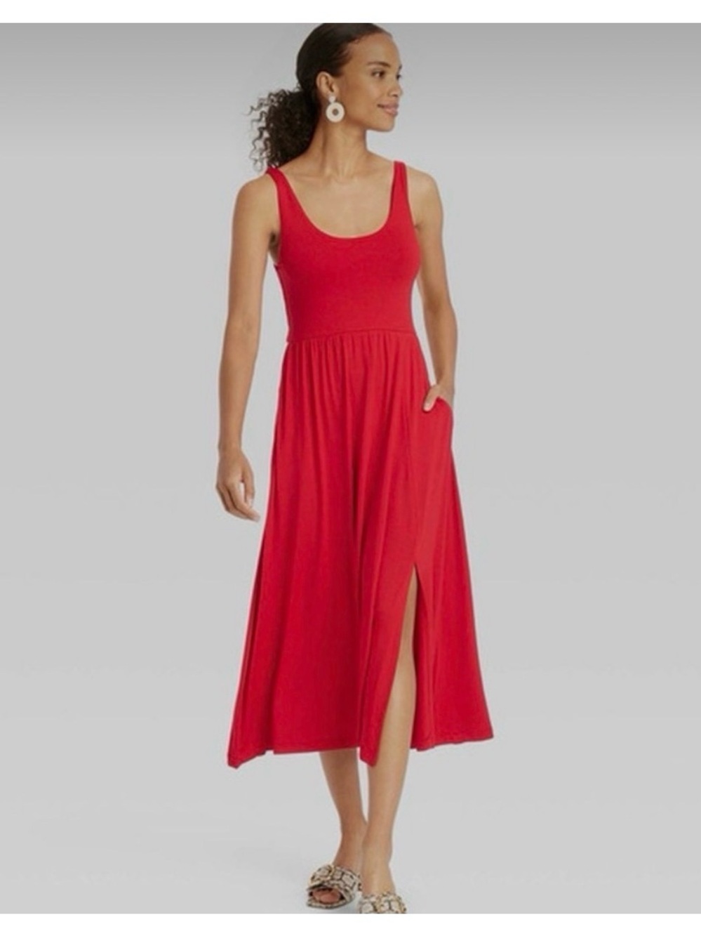 a new day Red Ballerina Midi Dress with Side Slit and Pockets